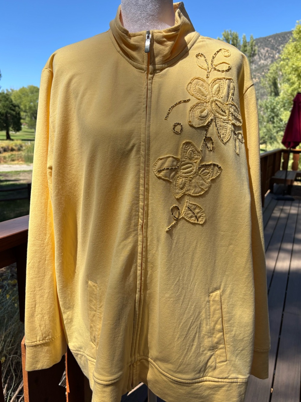 Macy’s style and Company Yellow beaded Floral Appliqué Zip-Front Women's Top